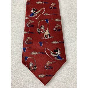 Mickey Unlimited Disney Men's Tie Mickey Goofy Fishing Red Novelty Vintage